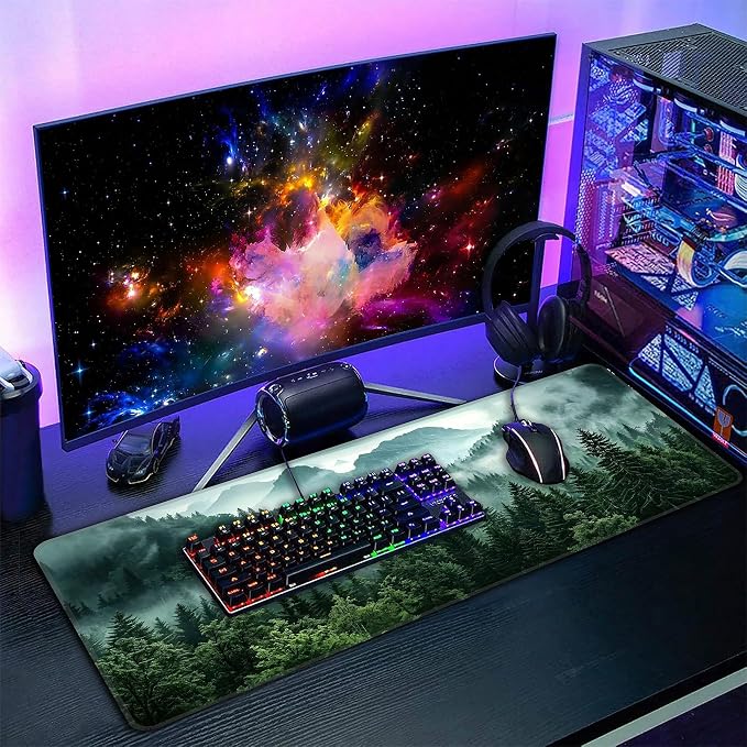 Green Misty Forest Desk Mat, XXL 35.4"x15.7" Large Mouse Pad, Mountains Extended Gaming Mouse Mat,Non-Slip Rubber Base Waterproof with Stitched Edges for Gaming Office Home Decor - Image 7
