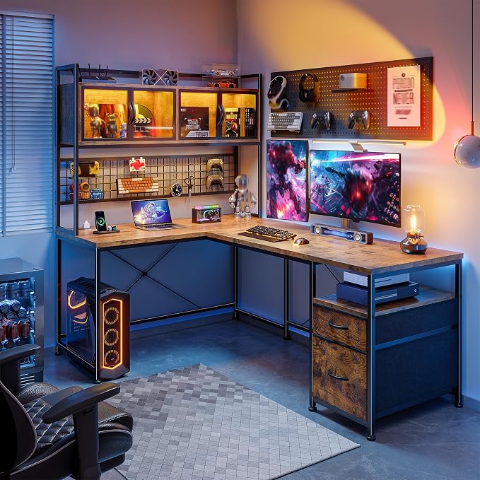 DurayLoly 67" L Shaped Gaming Corner Desk with LED Light, Hutch,Brown | Reversible Computer Desk with 2 Drawers,Storage Shelves,Pegboard with 3 Hooks,Power Outlet for Home Office,Bedroom - Image 8