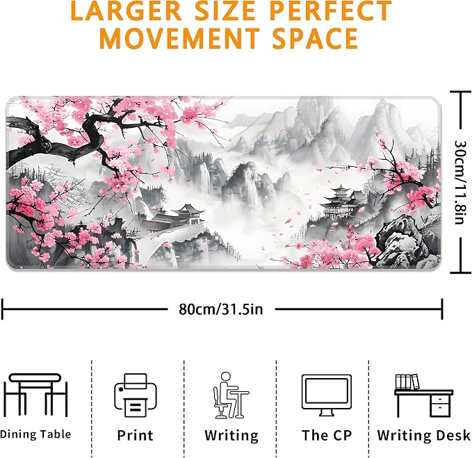 Japanese Watercolor Cherry Blossoms Desk Mat, XL 31.5"x11.8" Large Mouse Pad, Pink Sakura Extended Gaming Mouse Mat,Non-Slip Rubber Base Waterproof with Stitched Edges for Gaming Office Home Decor - Image 3