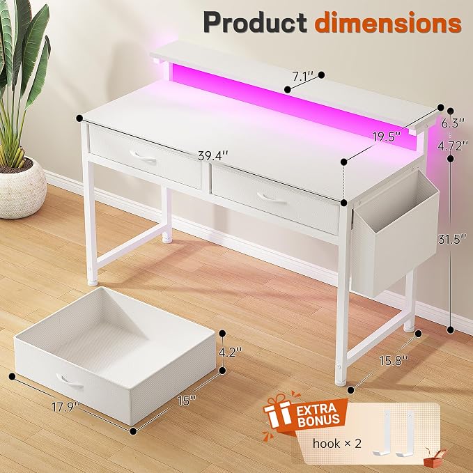 DurayLoly 39.4”Computer Desk with 2Drawers & LED Lights,Space Saving,White - Image 2