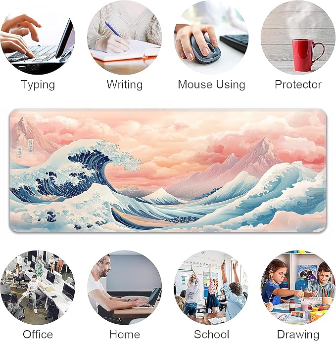 Japanese Sea Wave Desk Mat, XL 31.5"x11.8" Large Mouse Pad, Pink Clouds Extended Gaming Mouse Mat,Non-Slip Rubber Base Waterproof with Stitched Edges for Gaming Office Home Decor - Image 6