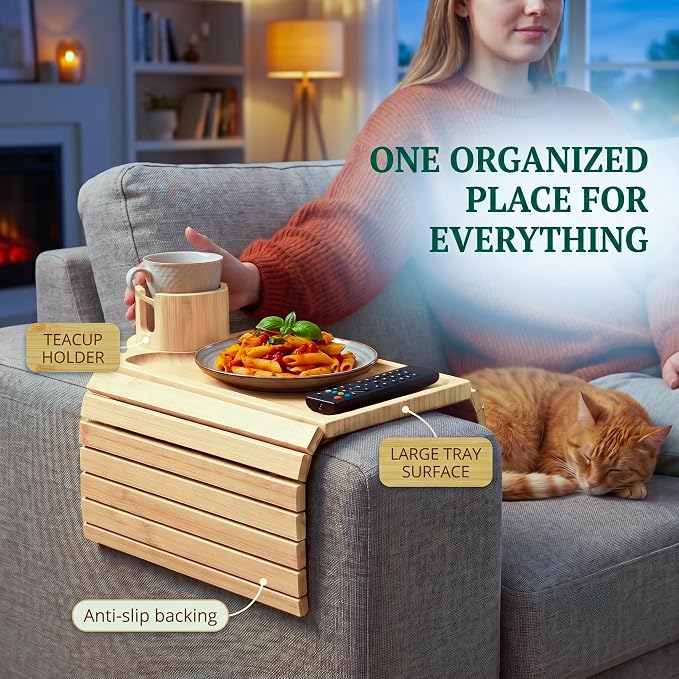 OMEO Couch Cup Holder Tray, 3 in 1 Couch Arm Trays – Large Bamboo Chair Arm Rest Tray with 360° Cup Holder | Removable Anti-Slip Organizer for Snack Eating - Image 6