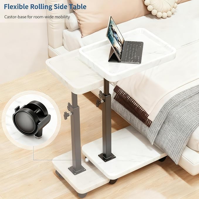 C Table End Table Adjustable Height, 360°Swivel TV Tray Table for Small Spaces, Side Tables with Wheels for Living Room and Bedroom, Bed (White) - Image 4