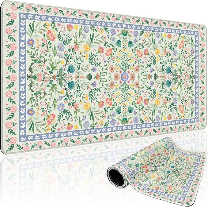 Green Floral Desk Mat Large Mouse Pad 31.5"x15.7" Non-Slip | Extended Mousepad, Non-Slip Rubber Base , Stitched Edges, for Computer/Laptop/Office/Home by Mcapirivo