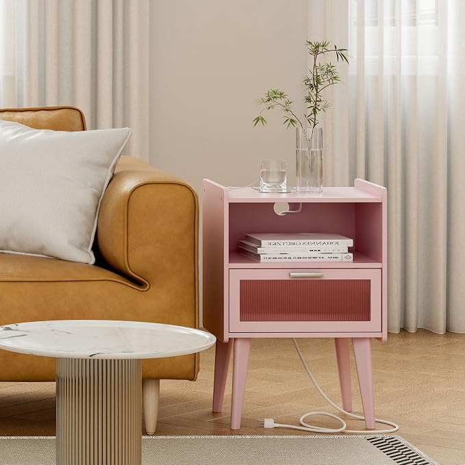 MMEOLUOOK Nightstand with Charging Station, Bedside Tables Pink End Table Side Table with 2 Tiers Storage Space, for Bedroom Living Room MLBZ07PE - Image 5