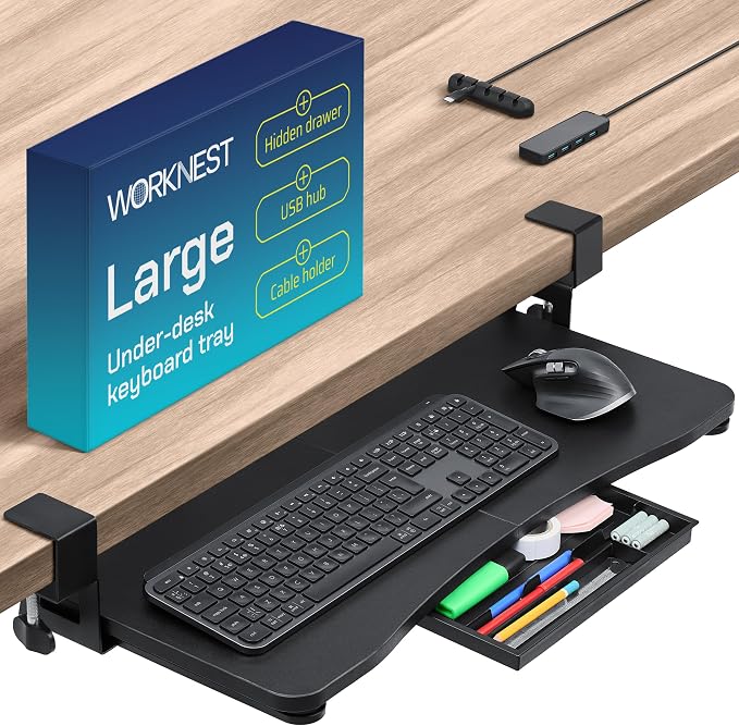 Keyboard Tray | Under Desk Keyboard Tray Slide Out w/Adjustable C-Clamps for Desks Up to 1.5-Inch-Thick | Clamp On Drawer with 1x USB-C to 4 USB-A Hub and 1x Five-Cable Management Organizer by Unknown