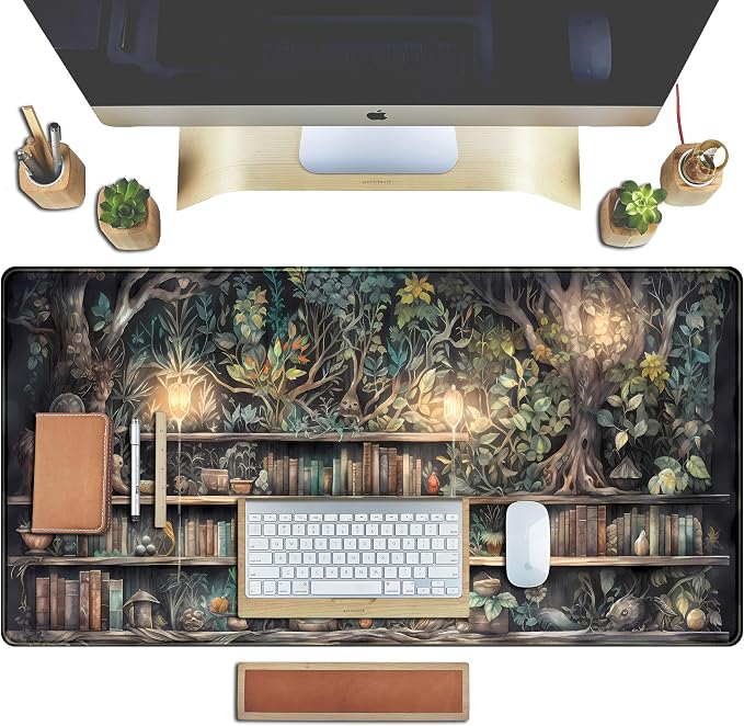 Forest Library Book Mouse Pad Desk Mat, Mystical Green Tree House XXL Extended Large Gaming Desk Pad Mousepad Computer Laptop Keyboard and Mouse Mat, Office Desk Decor Pad for Women 31.5x15.7 in - Image 4