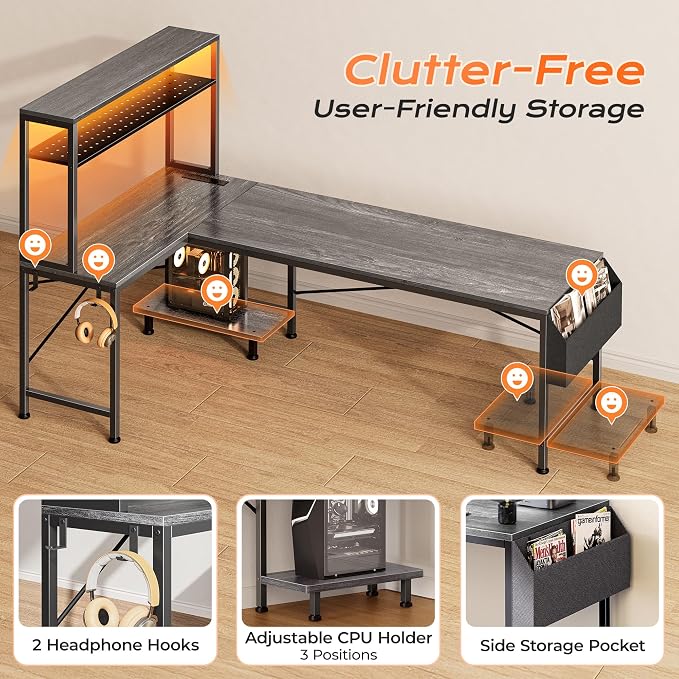 PRAISUN L Shaped Gaming Desk with LED Lights & Power Outlets | Reversible Computer Desk with Storage Shelves & Bag, Large Corner Home Office Desk with Pegboard for Work from Home, Grey - Image 9