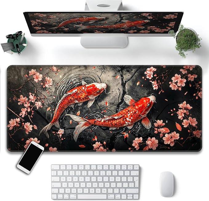 Koi Fish Desk Mat, XXL 35.4"x15.7" Large Mouse Pad, Japanese Cherry Blossoms Extended Gaming Mouse Mat,Non-Slip Rubber Base Waterproof with Stitched Edges for Gaming Office Home Decor - Image 2