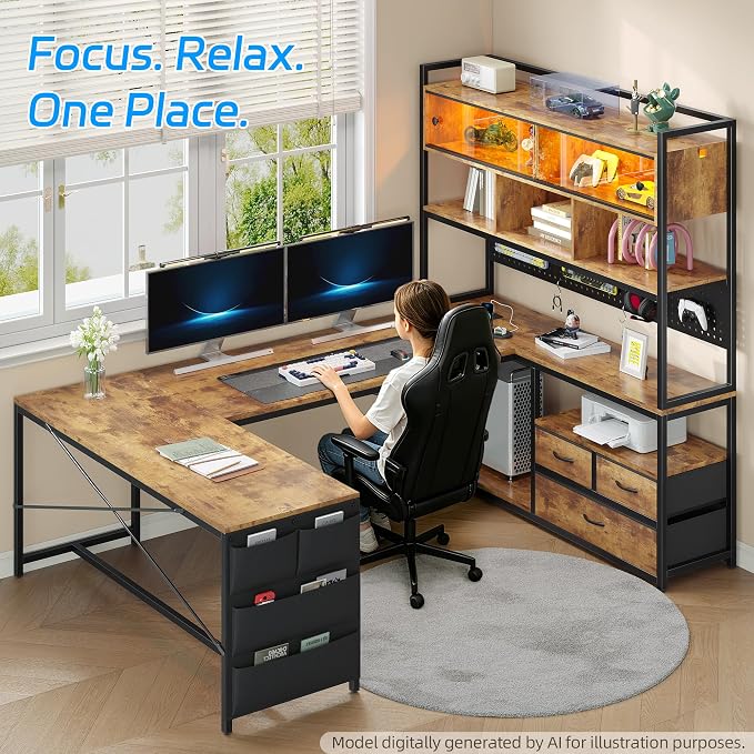 busyeah U-Shaped Gaming Desk with Storage Shelves & 3 Drawers, Rustic Brown | Reversible Computer Desk with LED Lights & Charging Station, Gaming Desk with Hutch and Pegboard for Home Office, Gamers - Image 9
