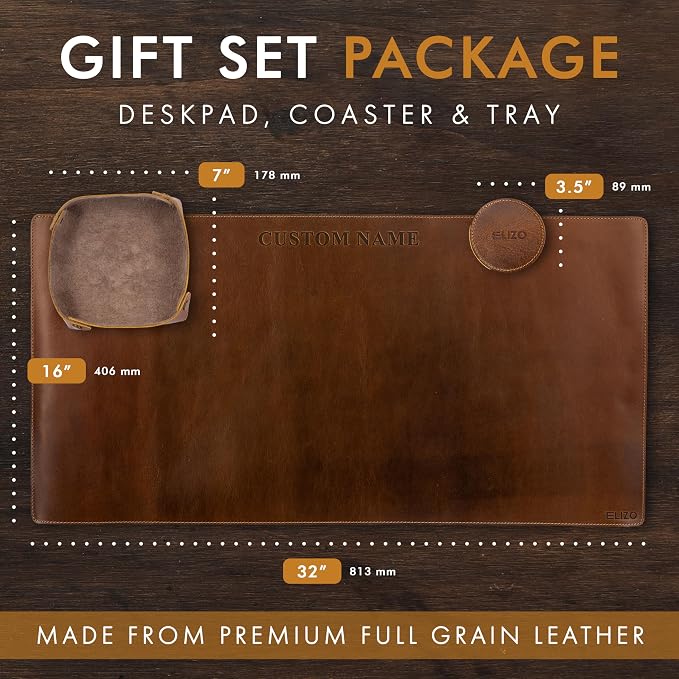 ELIZO Personalized Custom Desk Pad Set Real Leather Desk Mat Mouse Pad Unique Gifts for Him Her Leather Gifts for Men Women Engraved Embossed Monogrammed Corporate Gifts - Image 2