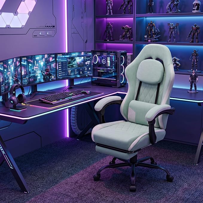 Gaming Chair for Adults, Fabric Gaming Chair with Footrest and Pocket Spring Cushion, Ergonomic Gamer Chair with Lumbar Support, Reclining Computer Gaming Chair with High Back, Light Green - Image 2