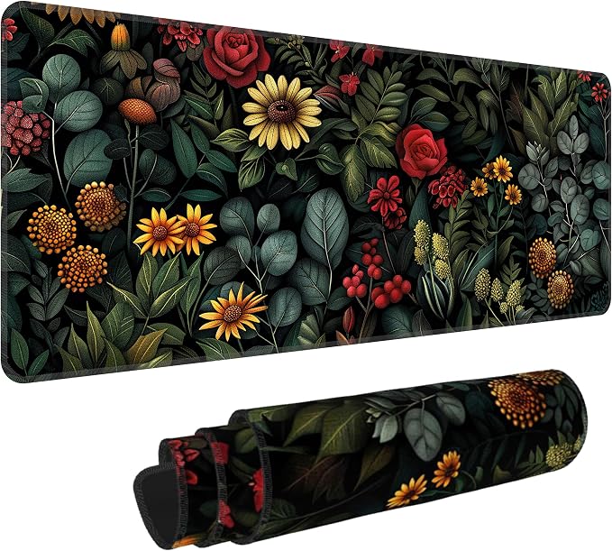 Floral Plant Desk Mat, XL 31.5"x11.8" Large Mouse Pad, Dark Flower Extended Gaming Mouse Mat,Non-Slip Rubber Base Waterproof with Stitched Edges for Gaming Office Home Decor by Unknown
