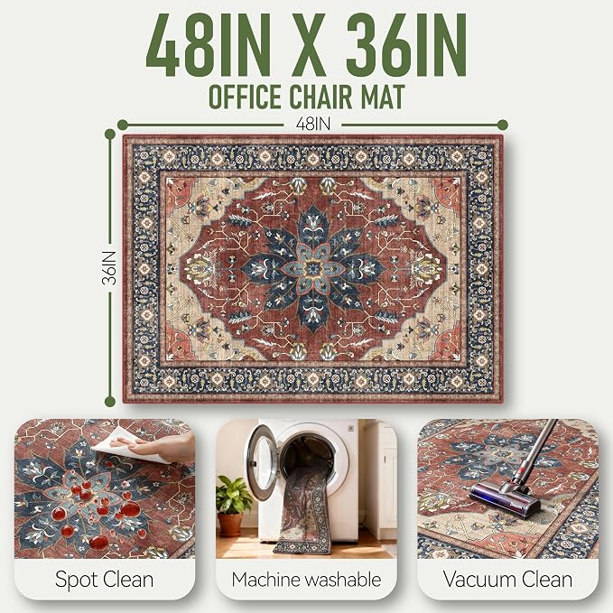 36"x48" Office Chair Mat for Hardwood, Under Desk Chair Mat for Home Office, Anti-Slip Office Rugs for Rolling Chairs, Floor Protector Washable Rugs Rust Red - Image 3