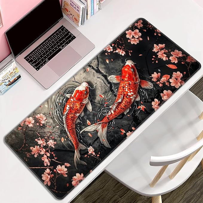 Koi Fish Desk Mat, XL 31.5"x11.8" Large Mouse Pad, Japanese Cherry Blossoms Extended Gaming Mouse Mat,Non-Slip Rubber Base Waterproof with Stitched Edges for Gaming Office Home Decor - Image 8