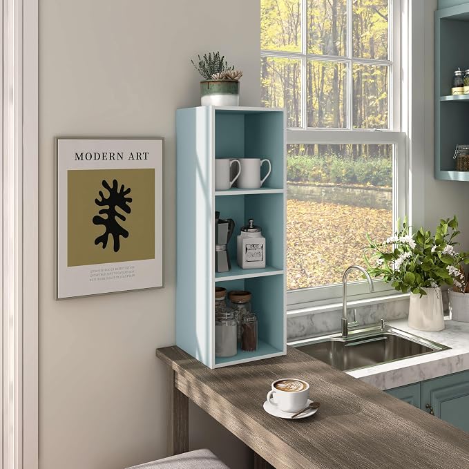 Homes: Inside + Out Apexa 3-Cube Storage Organizer Shelves, Stackable Wood Bookcase Fits Cubby Bins for Organization, Dorm Teen Room Decor & Home Office, Light Blue - Image 12