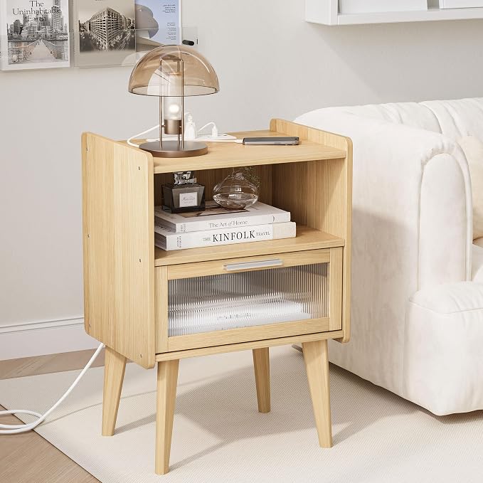 MMEOLUOOK Nightstand with Charging Station, Bedside Tables with Glass Decorative Door, Natural End Table, Side Table with 2 Tiers Storage Space for Bedroom Living Room CAMLBZ07YE - Image 4