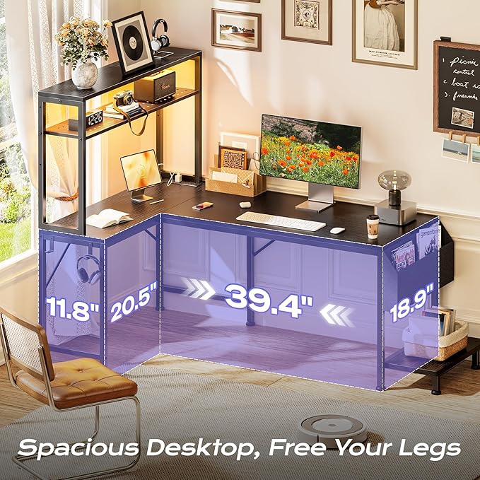 PRAISUN L Shaped Gaming Desk with LED Lights & Power Outlets | Reversible Computer Desk with Storage Shelves & Bag, Large Corner Home Office Desk with Pegboard for Work from Home, Black - Image 5