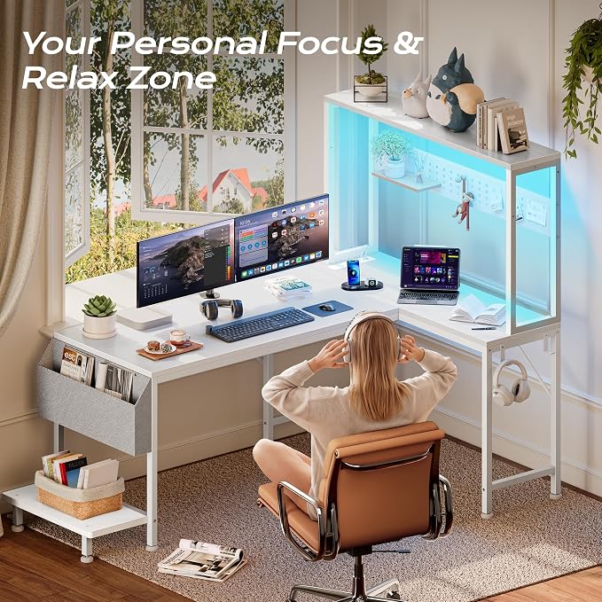 PRAISUN L Shaped Gaming Desk with LED Lights & Power Outlets | Reversible Computer Desk with Storage Shelves & Bag, Large Corner Home Office Desk with Pegboard for Work from Home, White - Image 6