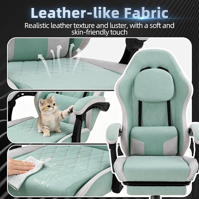 Gaming Chair for Adults, Fabric Gaming Chair with Footrest and Pocket Spring Cushion, Ergonomic Gamer Chair with Lumbar Support, Reclining Computer Gaming Chair with High Back, Light Green - Image 5