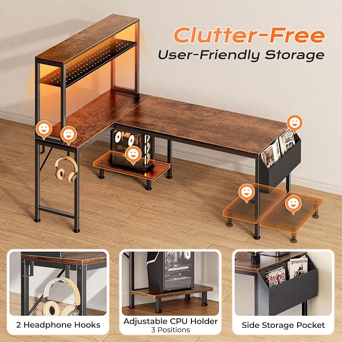 PRAISUN L Shaped Gaming Desk with LED Lights & Power Outlets | Reversible Computer Desk with Storage Shelves & Bag, Large Corner Home Office Desk for Work from Home, Rustic Brown - Image 9