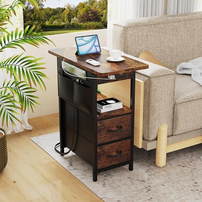 Yenlure Small Side Table with Charging Station, Narrow Nightstand Bedside Tables with Storage Pocket for Living Room Bedroom, Sofa End Table with USB Ports and Power Outlets for Small Spaces - Image 7