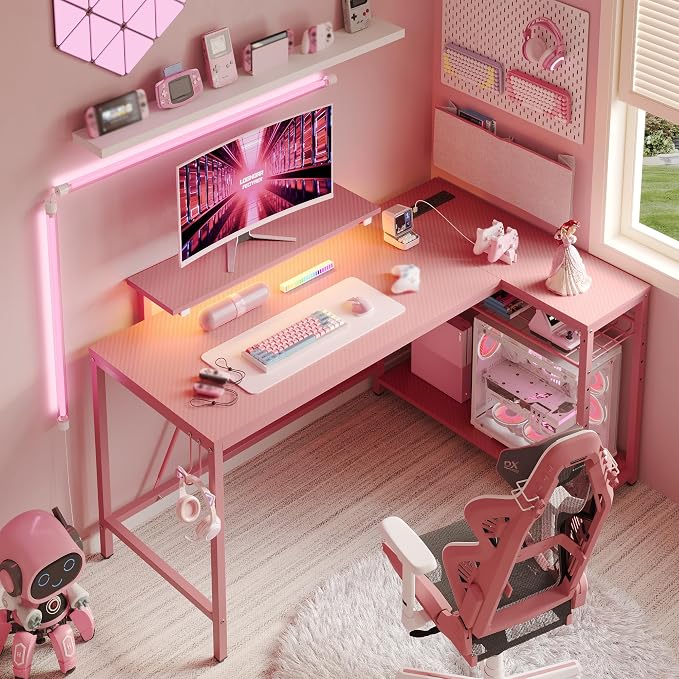 Bestier 52-Inch L-Shaped Gaming Desk with Charging & LED, Pink - Image 7