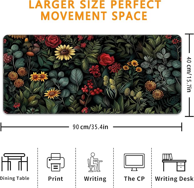 Floral Plant Desk Mat, XXL 35.4"x15.7" Large Mouse Pad, Dark Flower Extended Gaming Mouse Mat,Non-Slip Rubber Base Waterproof with Stitched Edges for Gaming Office Home Decor - Image 3