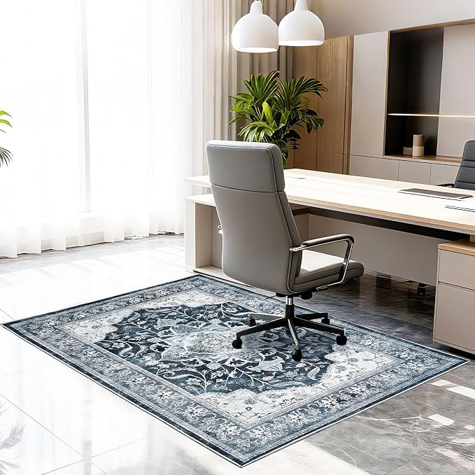 Office Chair Mat for Hardwood Tile Floor, 48"x60"Anti-Slip Under Desk Carpet Protector for Rolling Computer Chair Mat, Machine Washable Office Area Carpet (Chenille,Blue) by Ufeekare