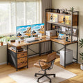 DurayLoly 67" L Shaped Gaming Corner Desk with LED Light, Hutch,Brown | Reversible Computer Desk with 2 Drawers,Storage Shelves,Pegboard with 3 Hooks,Power Outlet for Home Office,Bedroom by Durayloly