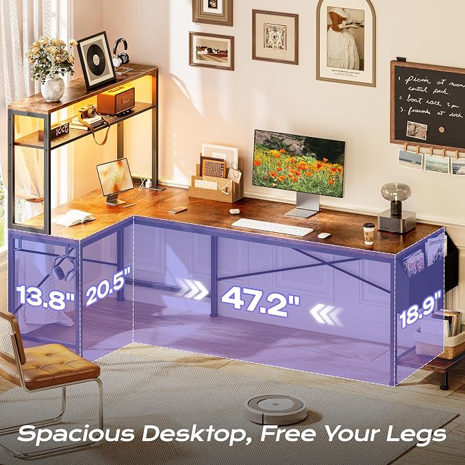 PRAISUN L Shaped Gaming Desk with LED Lights & Power Outlets | Reversible Computer Desk with Storage Shelves & Bag, Large Corner Home Office Desk for Work from Home, Rustic Brown - Image 5