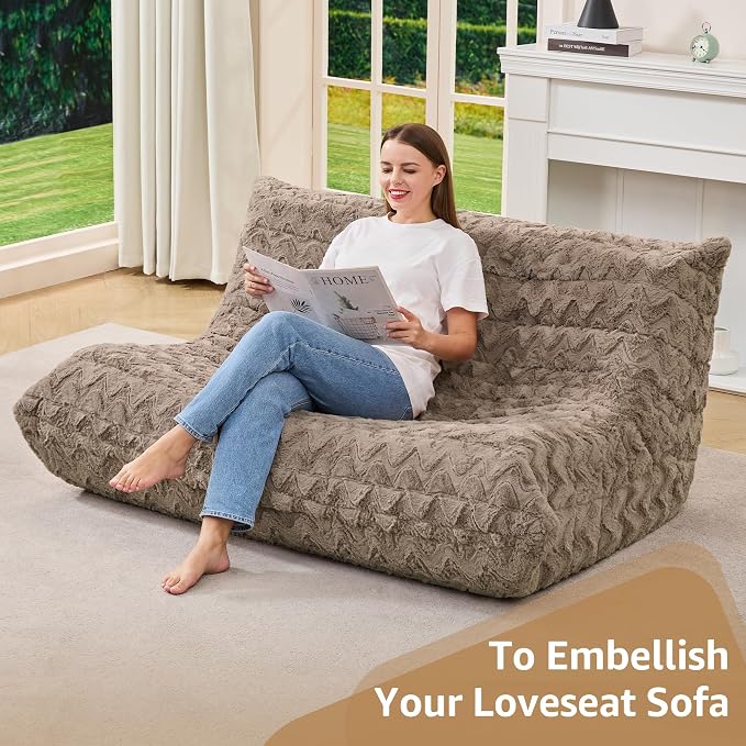 Hobestluk Large Bean Bag Chairs for Adults Fireside BeanBag Couch Togo Sofa | Ergonomic Design,Memory Foam,No Assembly,Faux Fur Fireside Lounge Floor Chair Back Support Lounging | Brown Chevron Loveseat - Image 6