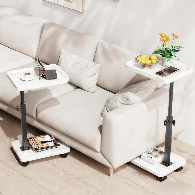 C Table End Table Adjustable Height, 360°Swivel TV Tray Table for Small Spaces, Side Tables with Wheels for Living Room and Bedroom, Bed (White) - Image 3