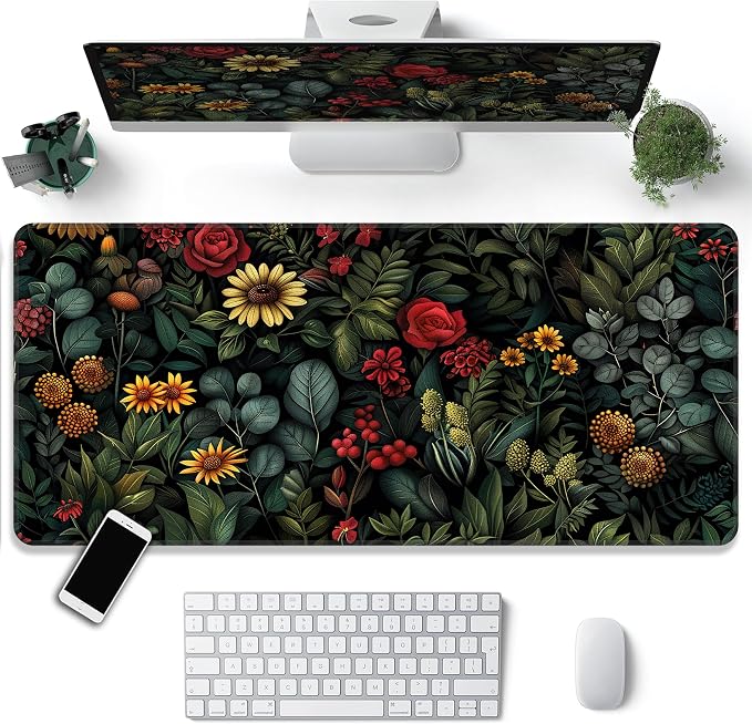 Floral Plant Desk Mat, XXL 35.4"x15.7" Large Mouse Pad, Dark Flower Extended Gaming Mouse Mat,Non-Slip Rubber Base Waterproof with Stitched Edges for Gaming Office Home Decor - Image 2