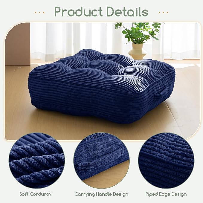 HIGOGOGO 6" Extra Thick Floor Pillow Cushion for Adults, Meditation Cushion Pillow, Large Square Floor Sitting, Tufted Corduroy Cover, for Tatami Living Room or Yoga, 22x22 Inch, 2Pack, Navy - Image 3