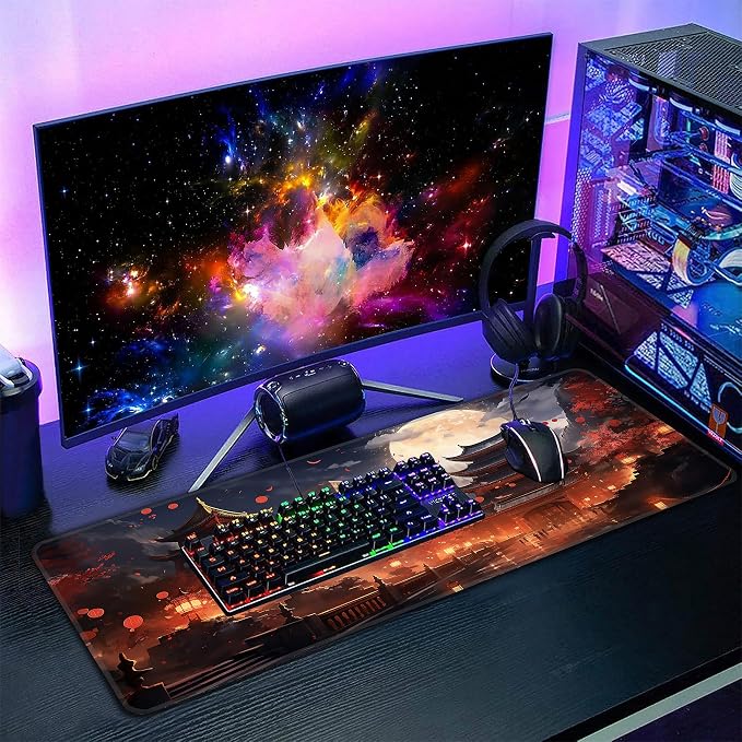 Japanese Desk Mat, XL 31.5"x11.8" Large Mouse Pad, Full Moon Extended Gaming Mouse Mat,Non-Slip Rubber Base Waterproof with Stitched Edges for Gaming Office Home Decor - Image 7
