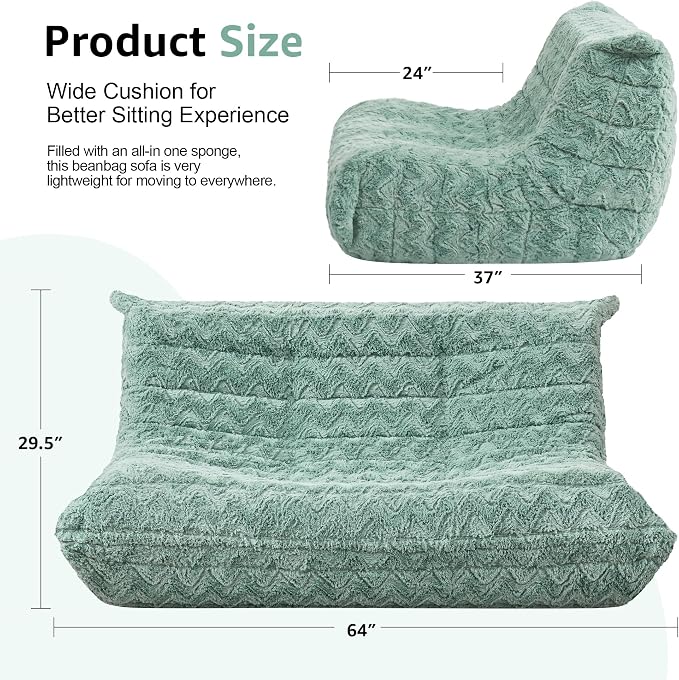 Hobestluk Large Bean Bag Chairs for Adults Fireside BeanBag Couch Togo Sofa | Ergonomic Design,Memory Foam,No Assembly,Faux Fur Fireside Lounge Floor Chair Back Support Dorm Room | Green Chevron Loveseat - Image 2