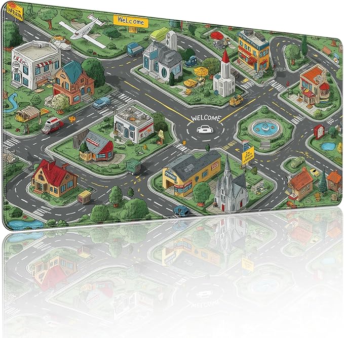 35.4 x 15.7 Inches XXL Large Gaming Mouse Pad, Cartoon City Street Map Design, Non-Slip Base, Waterproof and Scratch-Resistant Surface, Suitable for Home and Casual Gaming Desktop mats by YUANSM