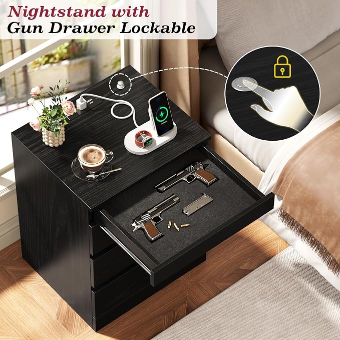 Nightstand with Hidden Lock Gun Drawer, 4 Drawers Night Stand with Charging Station, Modern Night Stand for Bedroom, Office, Black - Image 4