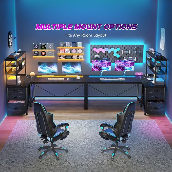 DurayLoly L Shaped Gaming Desk with 3 Fabric Drawers & Shelves for Storage - Image 9