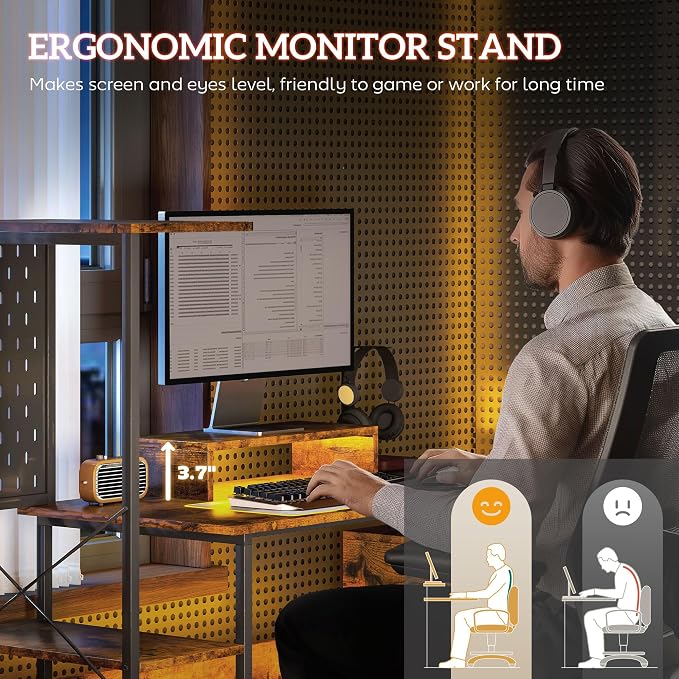 HOMCOM 56" Gaming Desk Monitor Stand Power Outlets LED Lights, Rustic Brown | Computer Desk, Storage Shelves, Fabric Drawers, 2 CPU Stands, Pegboard, Home Office - Image 6