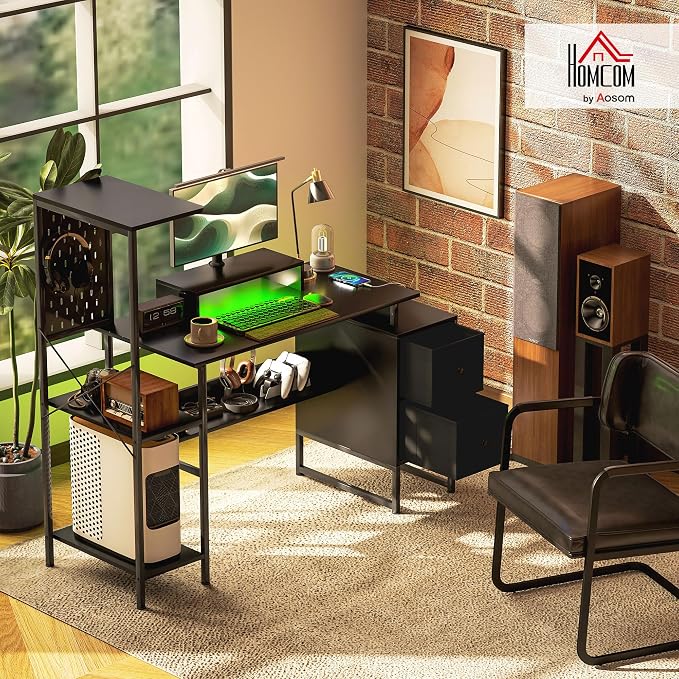 HOMCOM 56" Gaming Desk Monitor Stand Power Outlets LED Lights, Black | Computer Desk, Storage Shelves, Fabric Drawers, 2 CPU Stands, Pegboard, Home Office - Image 2