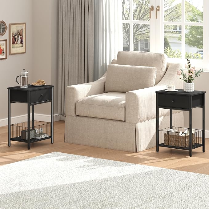 Nightstands Set of 2 with PU Leather Front Drawer, 3-Tier End Table with Bottom Mesh Basket, Industrial Bedside Tables for Bedroom, Black - Image 7