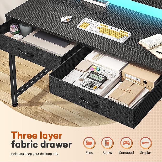 DurayLoly 39.4" Office Computer Desk with LED Lights & 2 Drawers,Black - Image 4