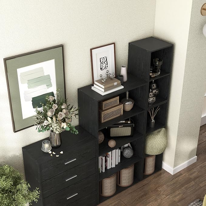 Homes: Inside + Out Apexa 3-Cube Storage Organizer Shelves, Stackable Wood Bookcase Fits Cubby Bins for Organization, Dorm Teen Room Decor & Home Office, Black - Image 12