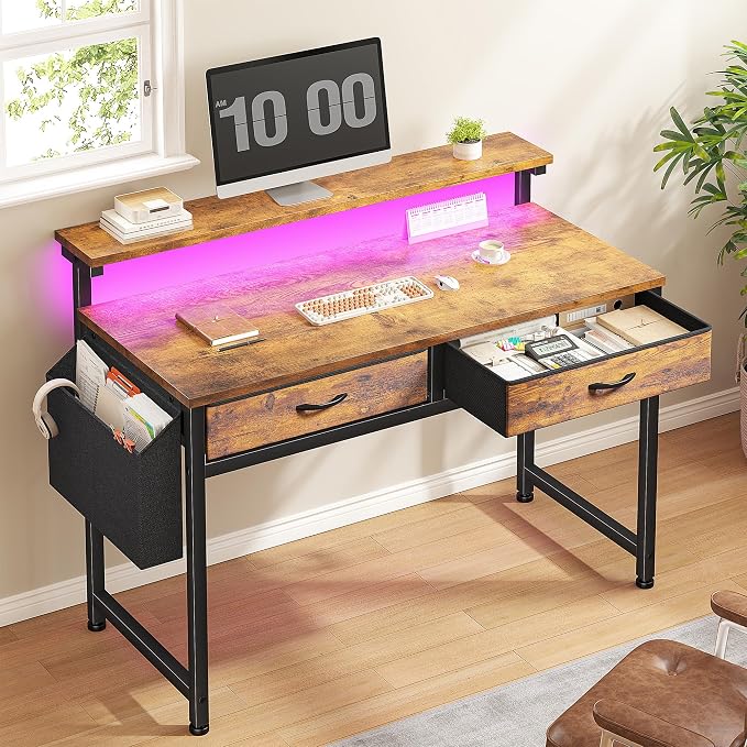 DurayLoly Gaming Desk with 2 Drawers &LED Lights,Space Saving,Rustic Brown by Durayloly