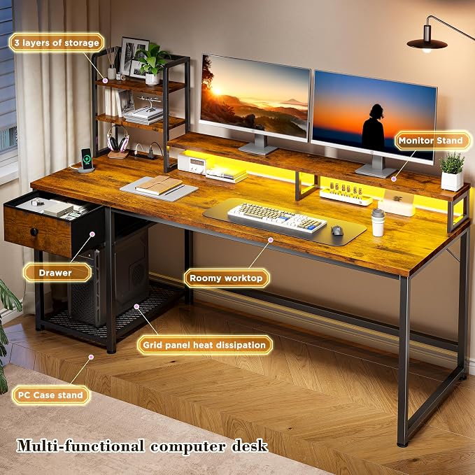 EnHomee 55" Reversible Computer Desk, Hutch, USB & LED, Rustic Brown - Image 5
