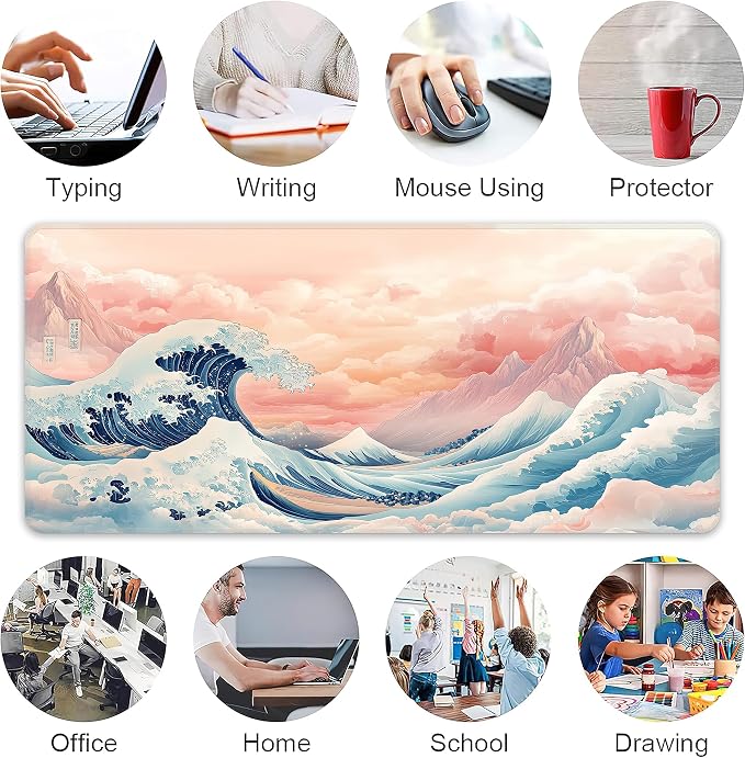 Japanese Sea Wave Desk Mat, XXL 35.4"x15.7" Large Mouse Pad, Pink Clouds Extended Gaming Mouse Mat,Non-Slip Rubber Base Waterproof with Stitched Edges for Gaming Office Home Decor - Image 6