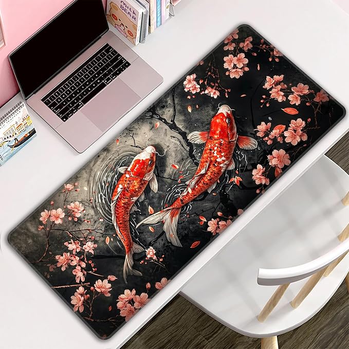 Koi Fish Desk Mat, XXL 35.4"x15.7" Large Mouse Pad, Japanese Cherry Blossoms Extended Gaming Mouse Mat,Non-Slip Rubber Base Waterproof with Stitched Edges for Gaming Office Home Decor - Image 8