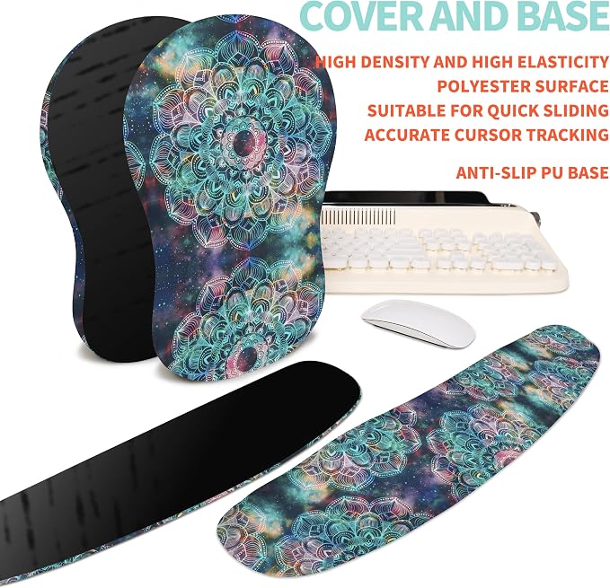 2-in-1 Ergonomic Set, Wave Rise Keyboard Wrist Rest and Massage Bulge Slope Mouse Pad Wrist Support, Cushion Memory Foam Integrated to Relieve Wrist Pain, Galaxy Mandala - Image 6